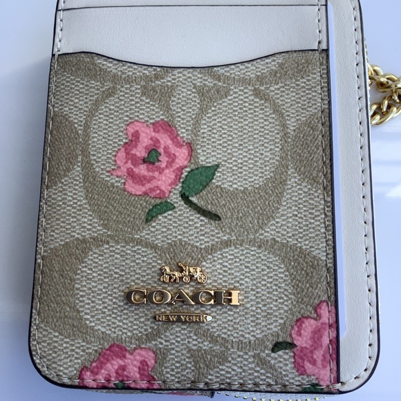 COACH Khaki Signature & Leather Floral Print Zip Card Case CR971 BNWT - Picture 4 of 5